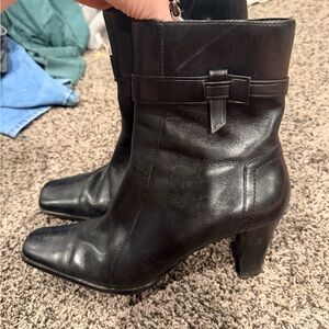 Etienne Aigner Black Leather Mid-Calf Heeled Boots with Bow Accent